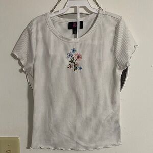Iz Byer Cream Tee with Floral Embroidery